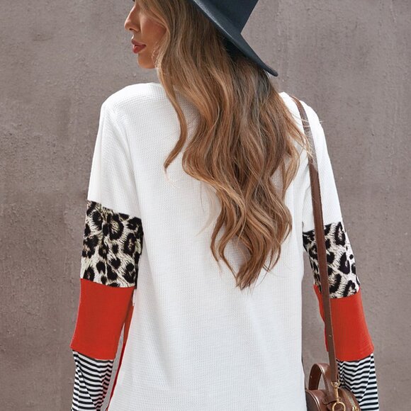B029 Orange Striped Leopard Colorblock Long Sleeve - Picture 2 of 4